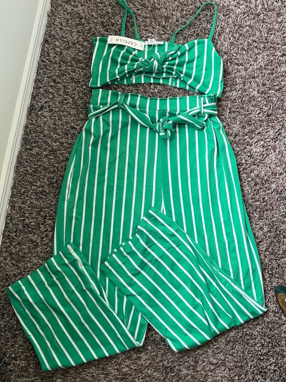 NWT Green and white striped high waist pants set.